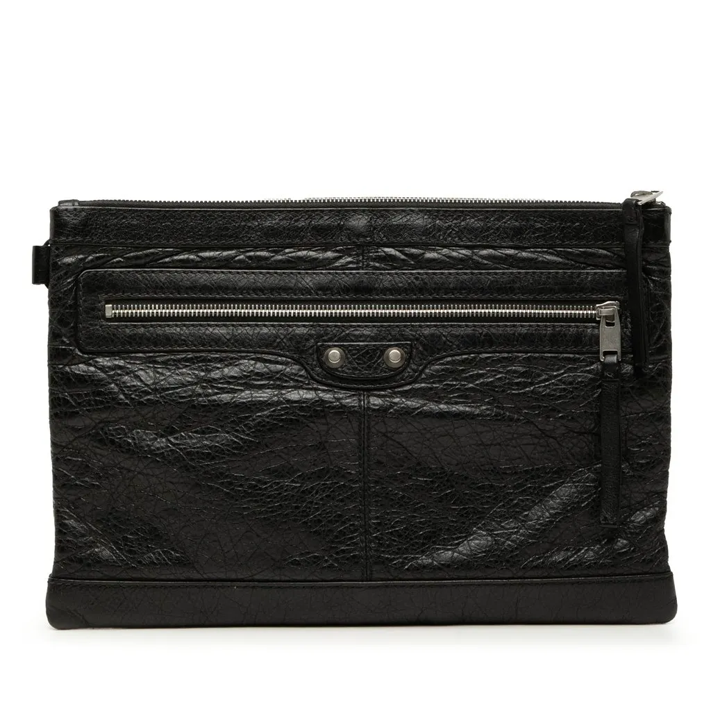 Balenciaga Lambskin Motocross Classic Clip Clutch M Black Leather Good - Front View