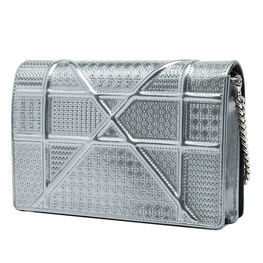 Dior Metallic Patent Microcannage Diorama Wallet on Chain Silver Leather Good - Back View