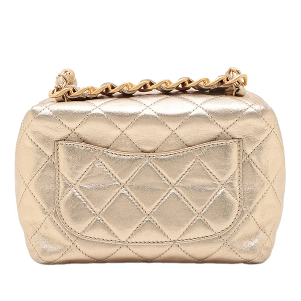 Chanel Mini CC Quilted Metallic Lambskin Bowling Bag Gold Leather Very good - Back View