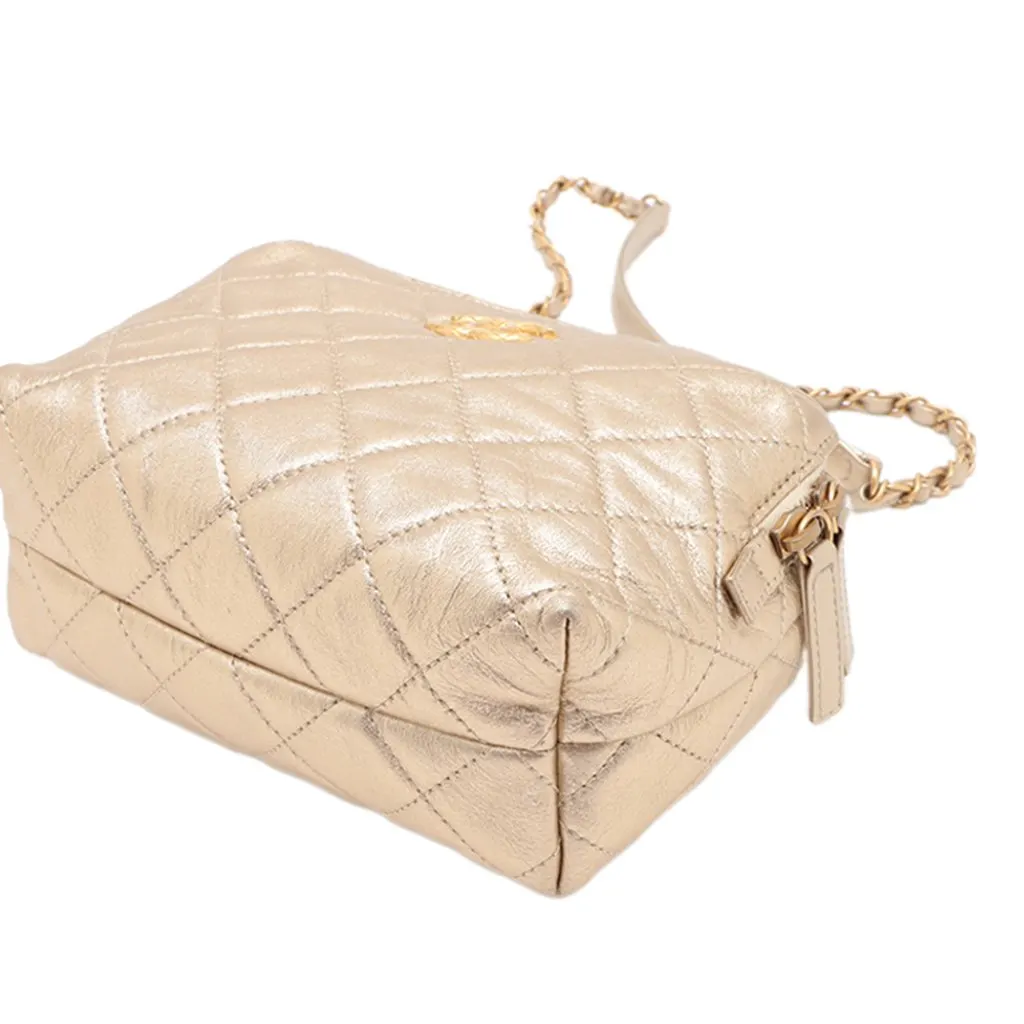 Chanel Mini CC Quilted Metallic Lambskin Bowling Bag Gold Leather Very good - Inside View