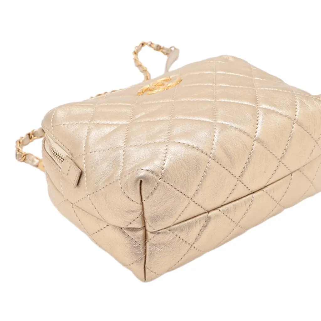 Chanel Mini CC Quilted Metallic Lambskin Bowling Bag Gold Leather Very good - Model View