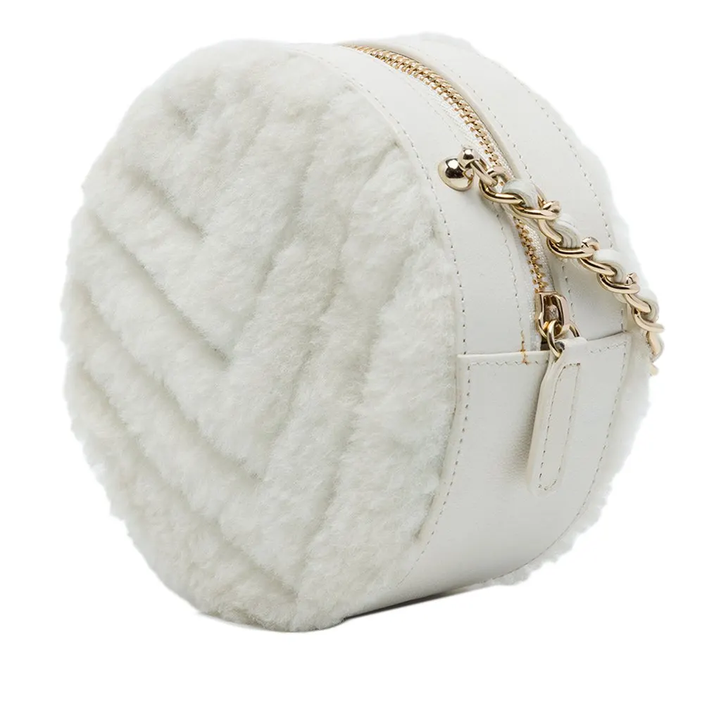 Chanel CC Chevron Shearling Round Clutch with Chain White Very good - Back View