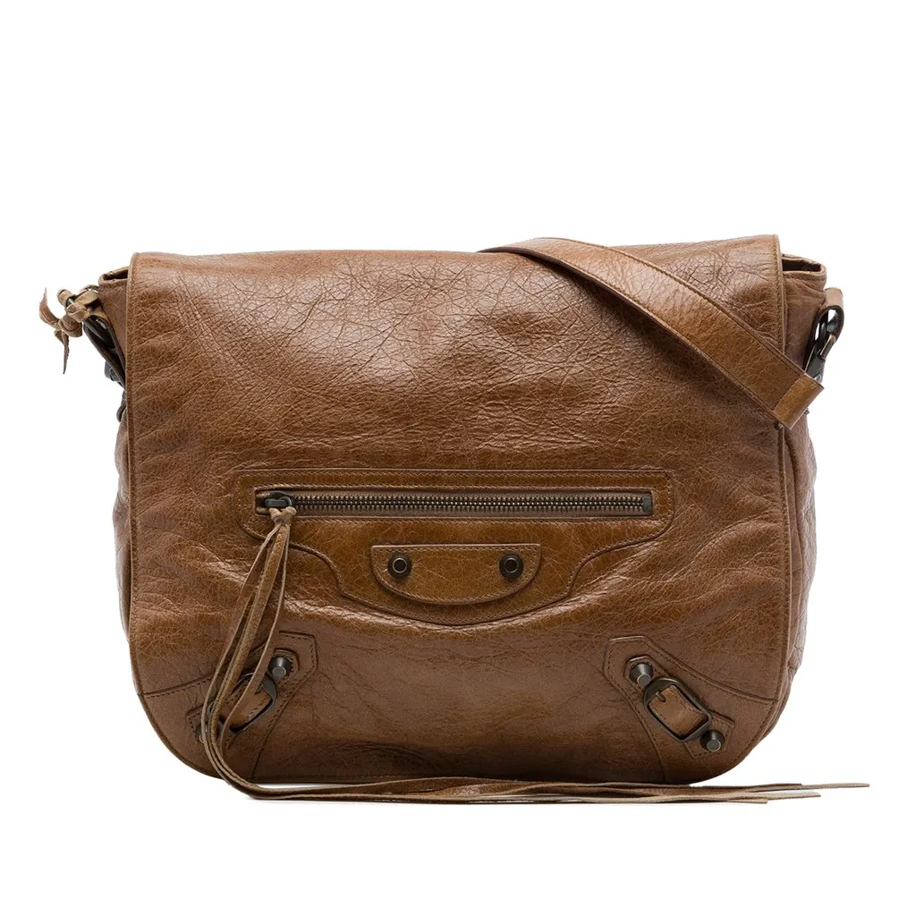 Balenciaga Lambskin Motocross Classic Folk Messenger Bag Brown Leather Very good - Front View