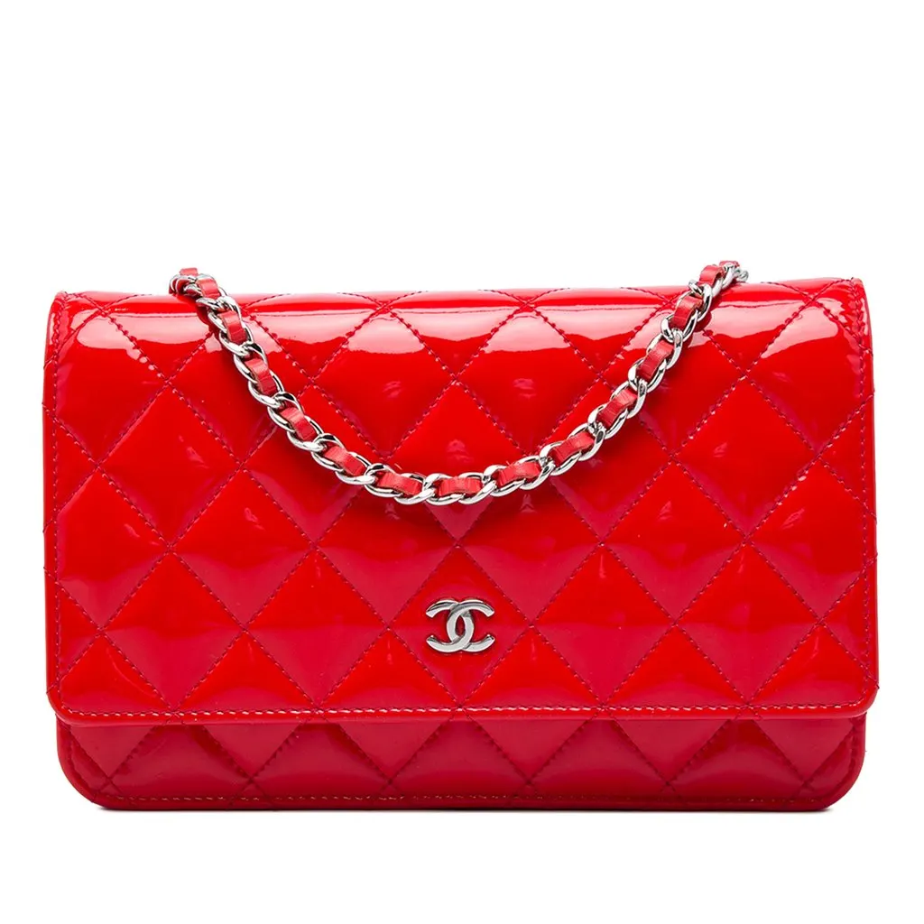 Chanel CC Quilted Patent Wallet On Chain Red Leather Very good - Front View