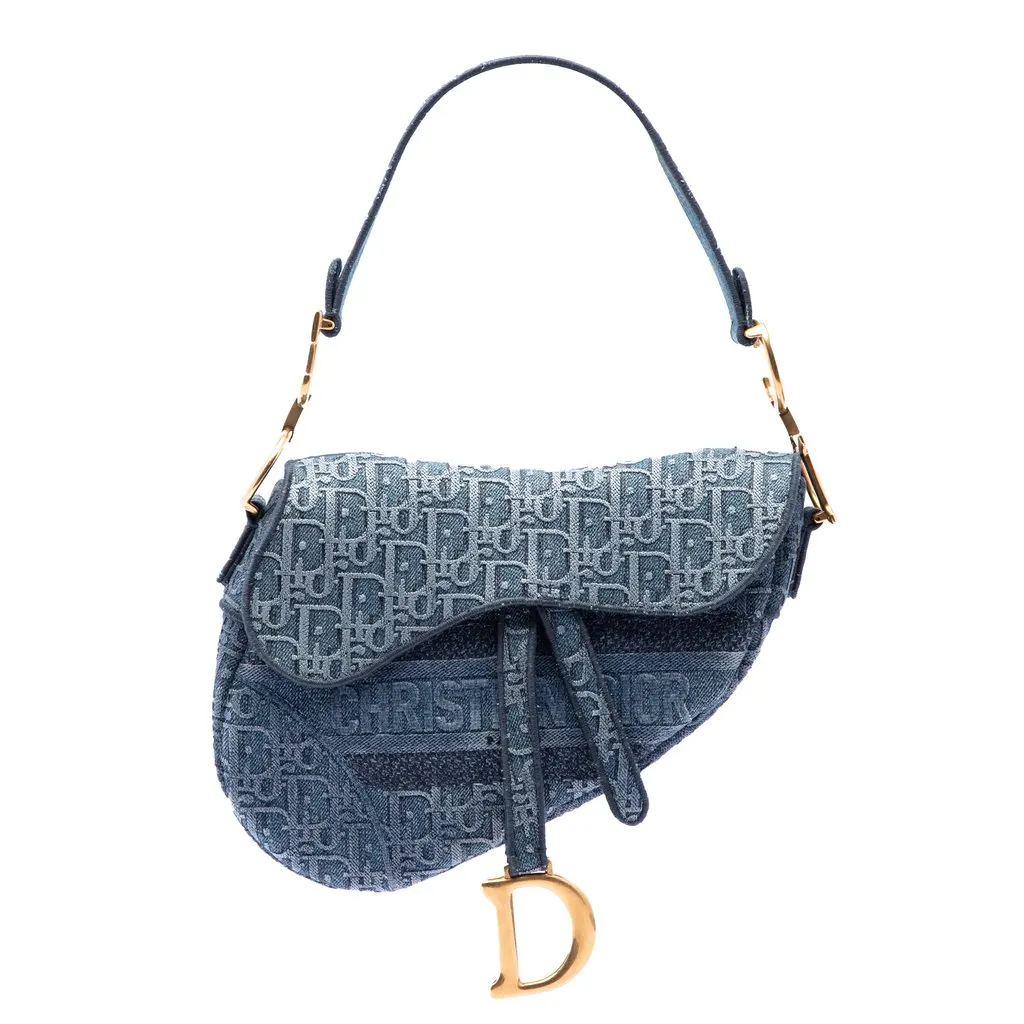Dior Oblique Embroidered Denim Saddle Bag Blue Denim Very good - Front View