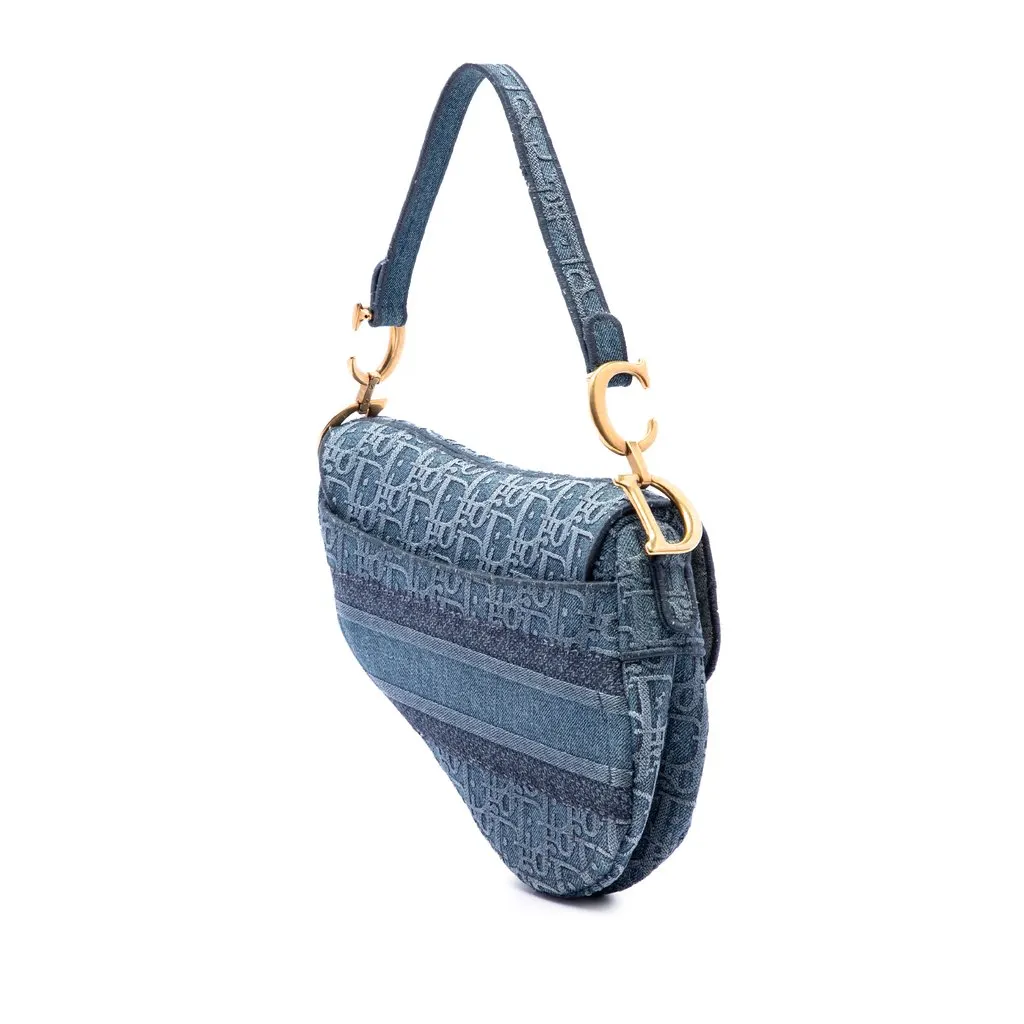 Dior Oblique Embroidered Denim Saddle Bag Blue Denim Very good - Back View