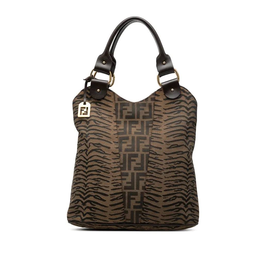 Fendi Zucca Zebra Print Canvas Diavolo Trapezio Tote Brown Good - Front View