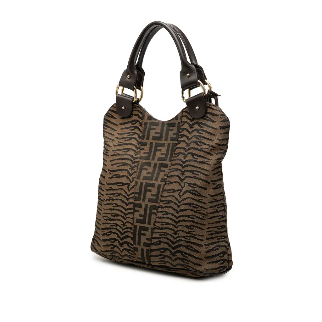 Fendi Zucca Zebra Print Canvas Diavolo Trapezio Tote Brown Good - Back View