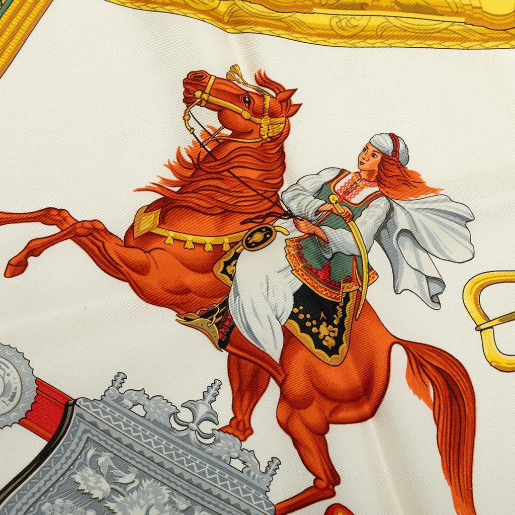 Hermès Cavaliers Ottomans Silk Scarf 90 White Silk Very good - Model View