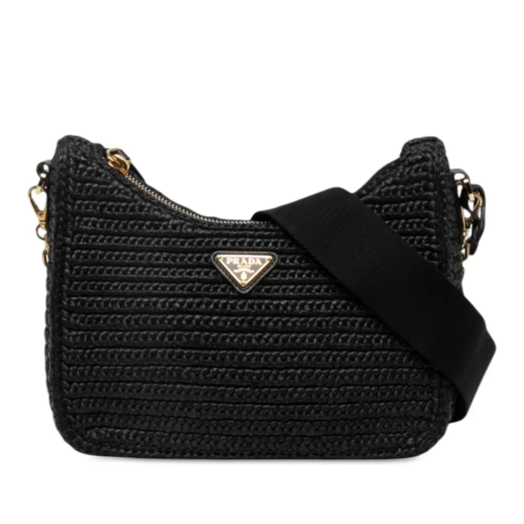 Prada Yarn Effect Raffia Crochet Re Edition 2005 Satchel Black Rattan Never worn - Front View