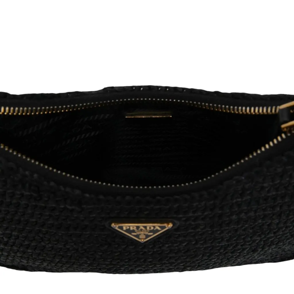 Prada Yarn Effect Raffia Crochet Re Edition 2005 Satchel Black Rattan Never worn - Model View
