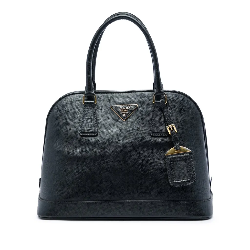 Prada Medium Saffiano Vernice Open Promenade Satchel Black Leather Good - Front View