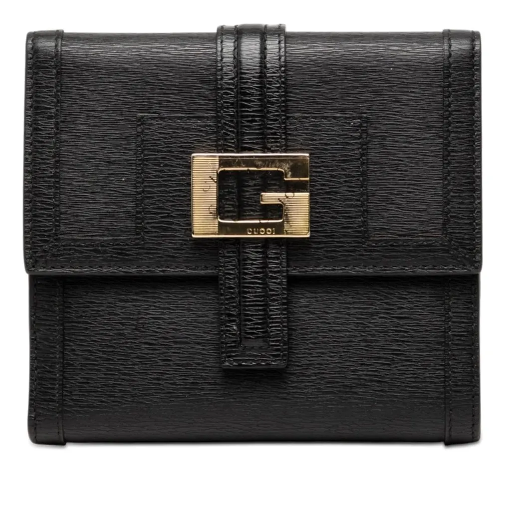 Gucci Textured Calfskin G Square Logo Bifold Wallet Black Leather Very good - Front View