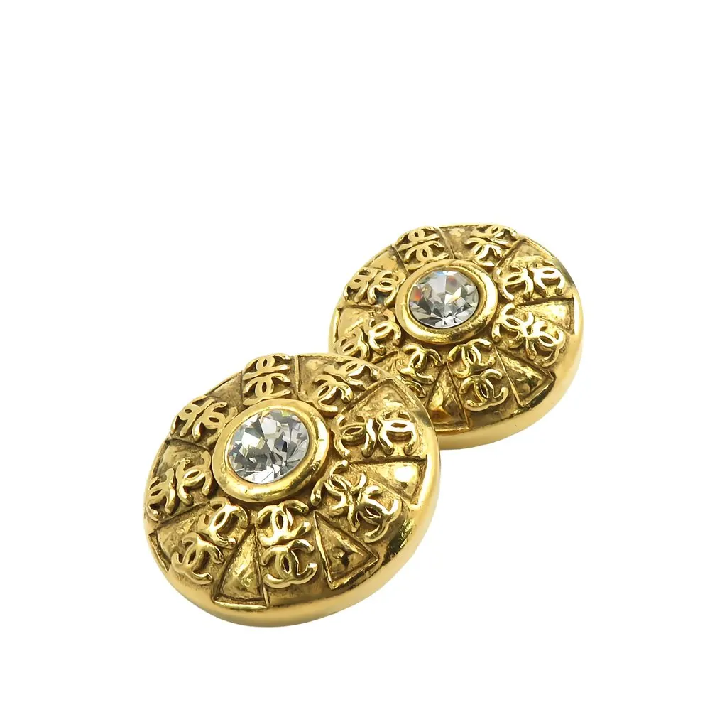 Chanel CC Gold Plated Crystal Round Clip On Earrings Gold Metal Very good - Front View