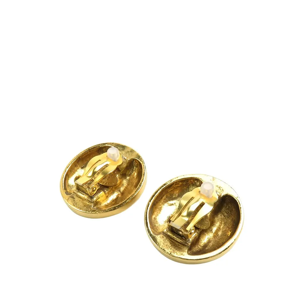 Chanel CC Gold Plated Crystal Round Clip On Earrings Gold Metal Very good - Back View