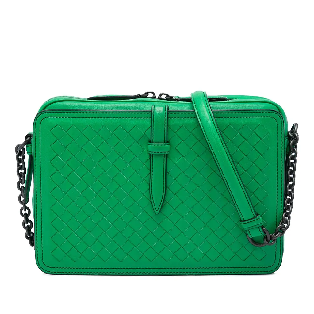 Bottega Veneta Nappa Intrecciato Belt Flap Camera Bag Green Leather Very good - Front View