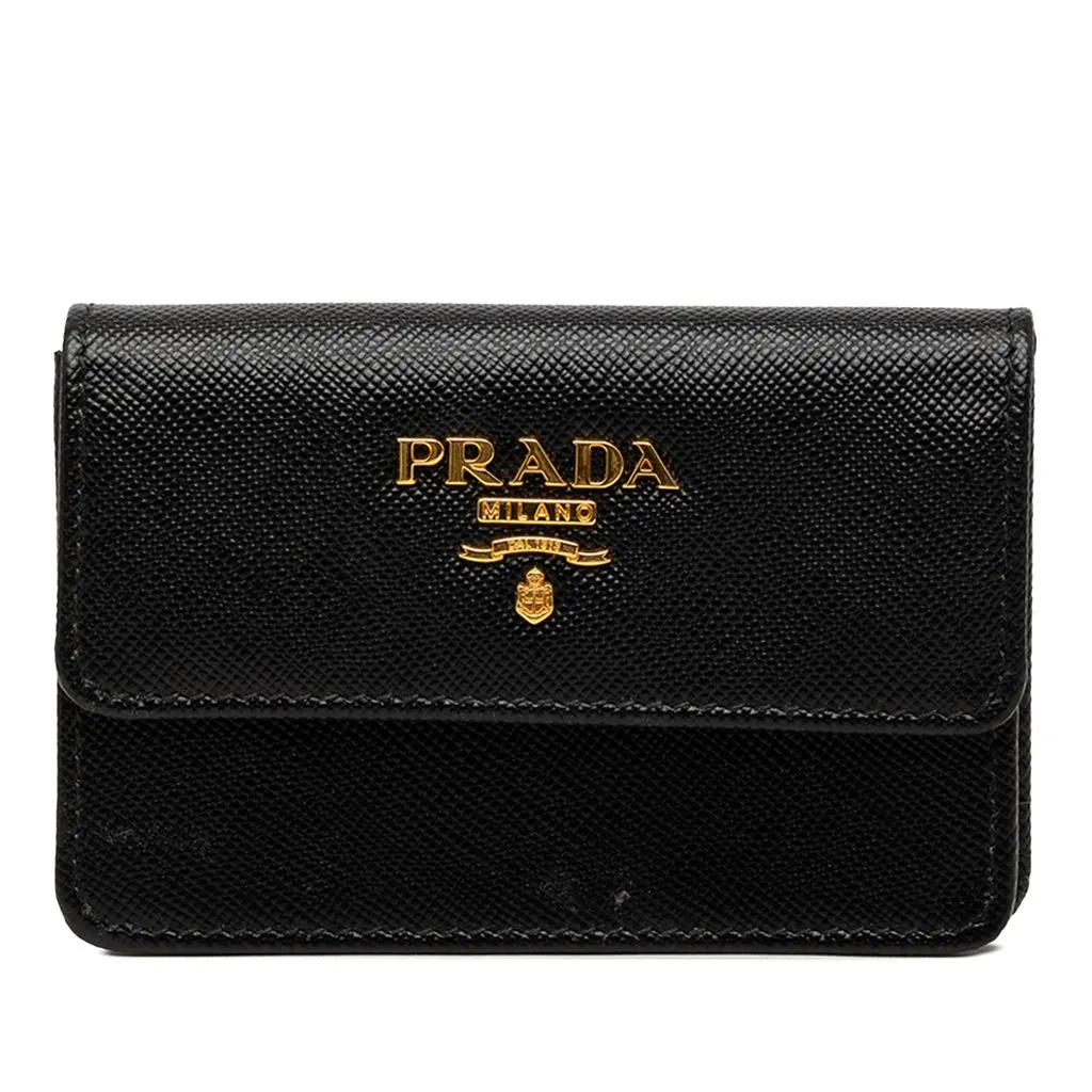Prada Saffiano Card Holder Black Leather Good - Front View