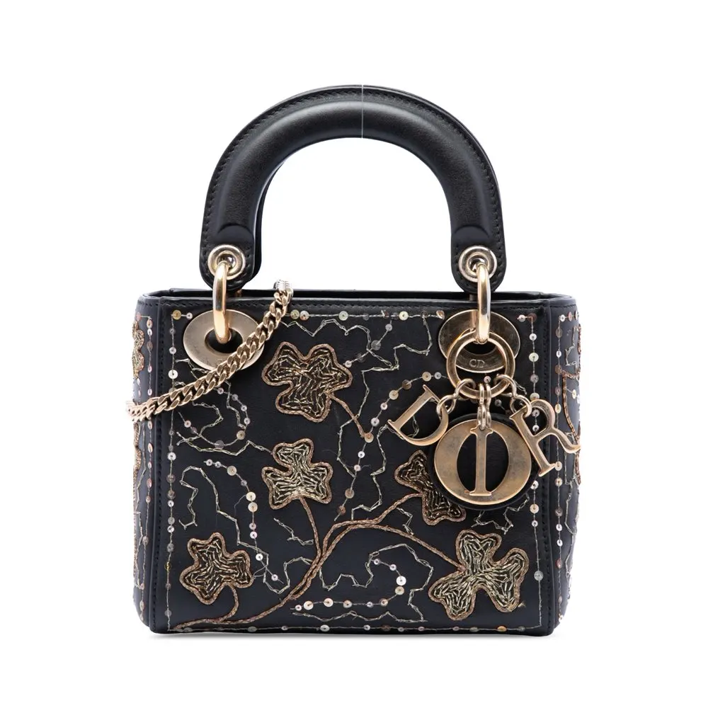 Dior Mini Calfskin Embroidered Clovers Lady Dior Black Leather Very good - Front View