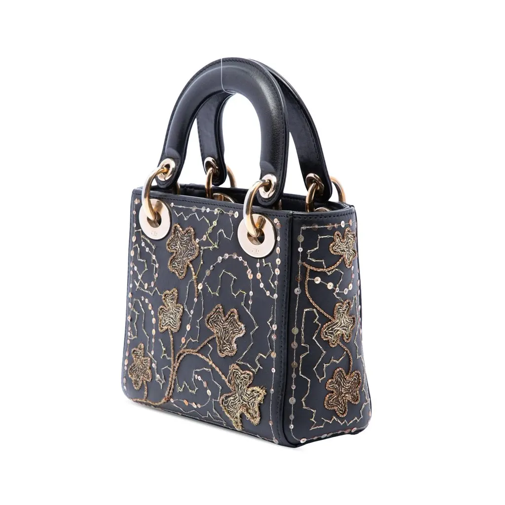 Dior Mini Calfskin Embroidered Clovers Lady Dior Black Leather Very good - Back View