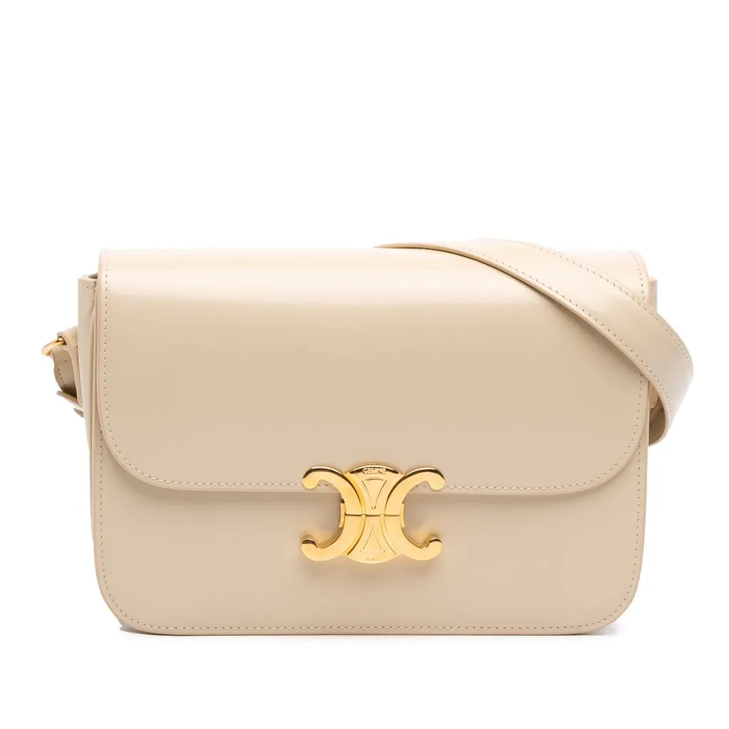 Celine Classique Shiny Calfskin Triomphe Crossbody Beige Leather Very good - Front View