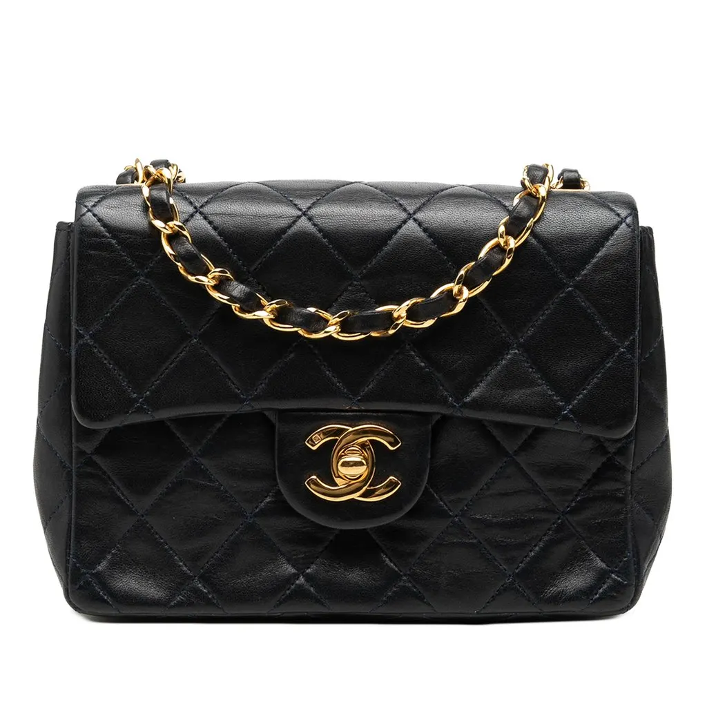 Chanel Mini Square Classic Lambskin Single Flap Black Leather Good - Front View