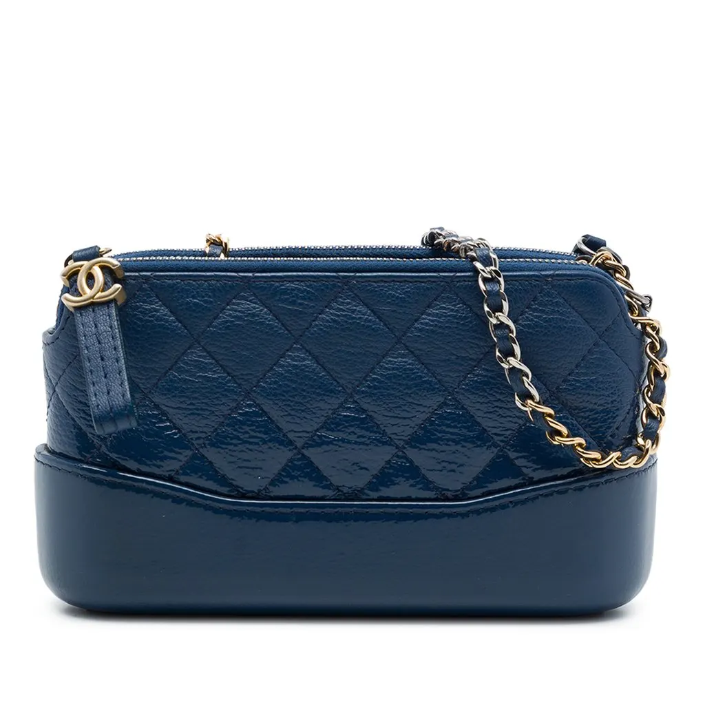 Chanel Quilted Patent Aged Calfskin Gabrielle Double Zip Clutch with Chain Blue Leather Very good - Front View