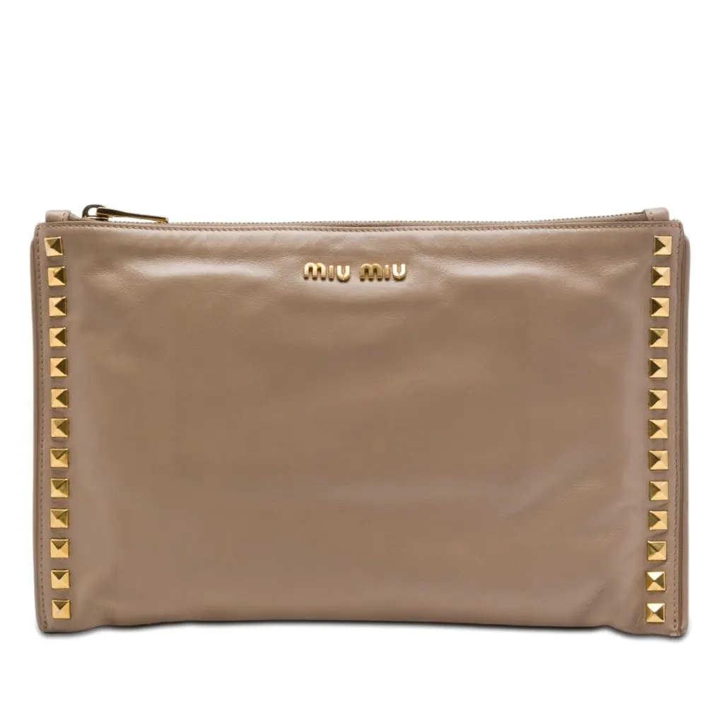 Miu Miu Studded Leather Zip Clutch Beige Leather Very good - Front View