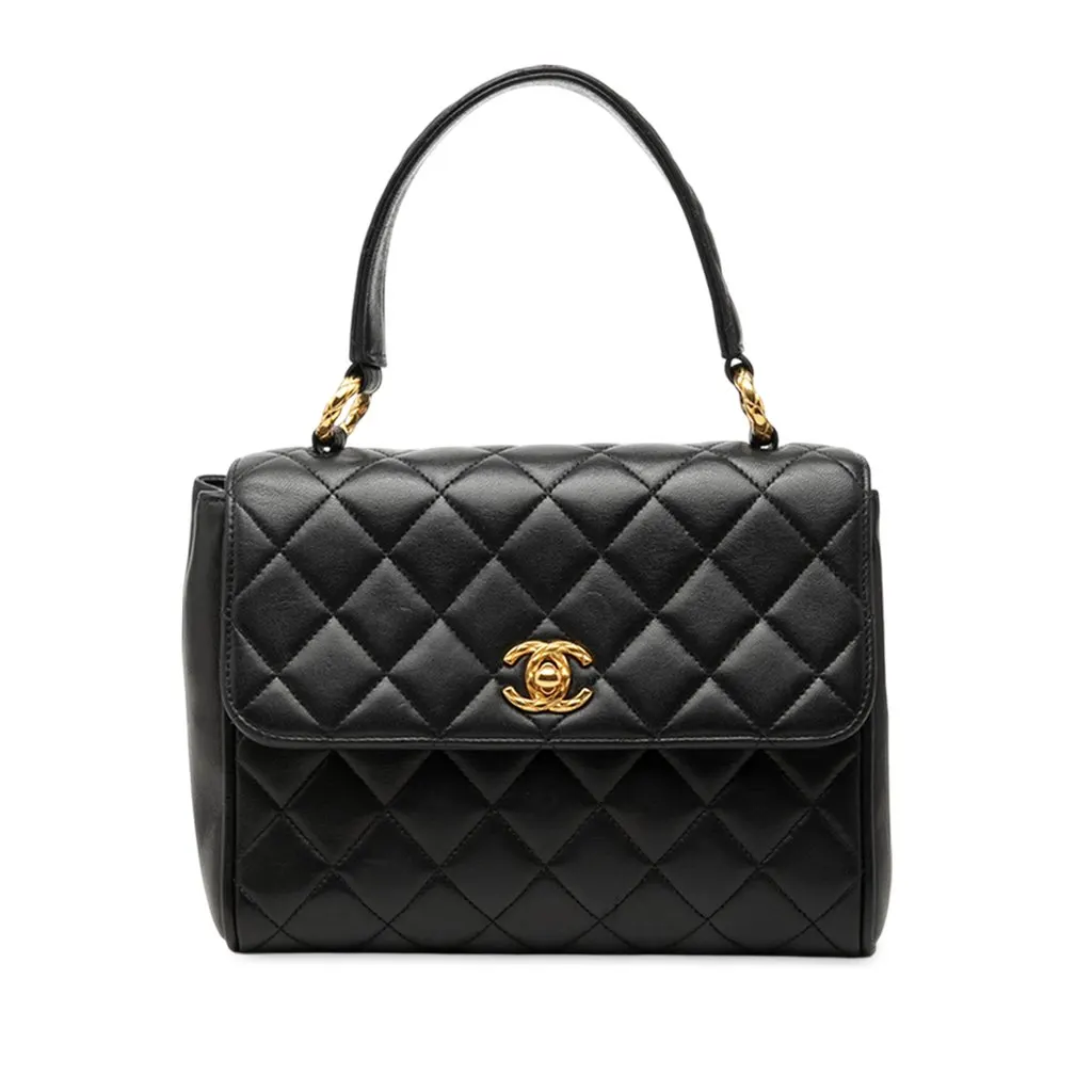 Chanel Mini Quilted Lambskin Kelly Top Handle Bag Black Leather Very good - Front View