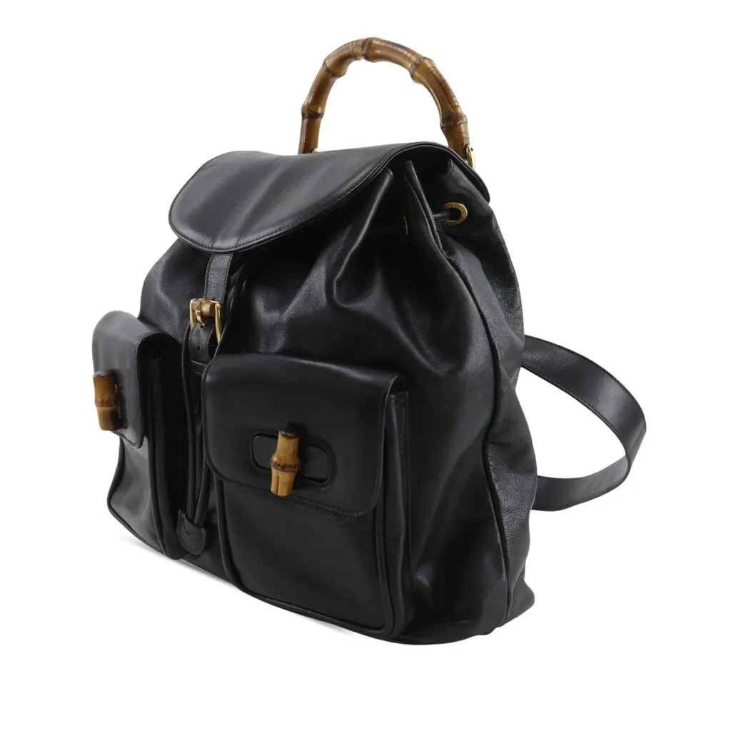 Gucci Calfskin Bamboo Drawstring Backpack Black Leather Very good - Back View