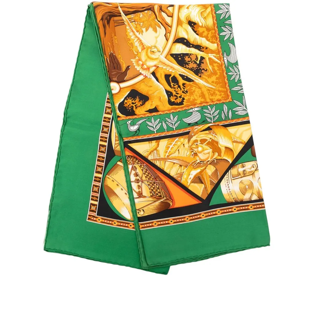 Hermès Au Son Du Tam Tam Silk Scarf 90 Green Silk Never worn - Front View