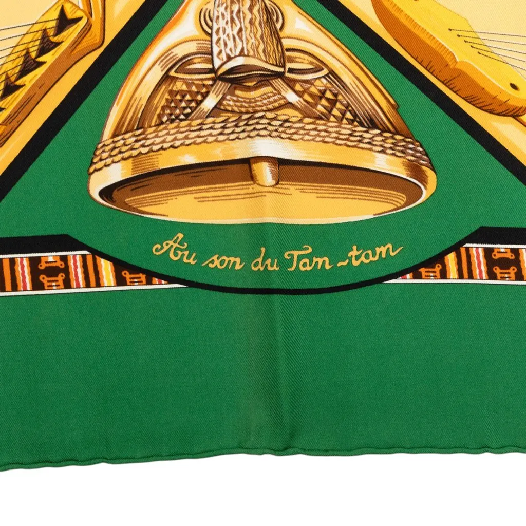 Hermès Au Son Du Tam Tam Silk Scarf 90 Green Silk Never worn - Box View