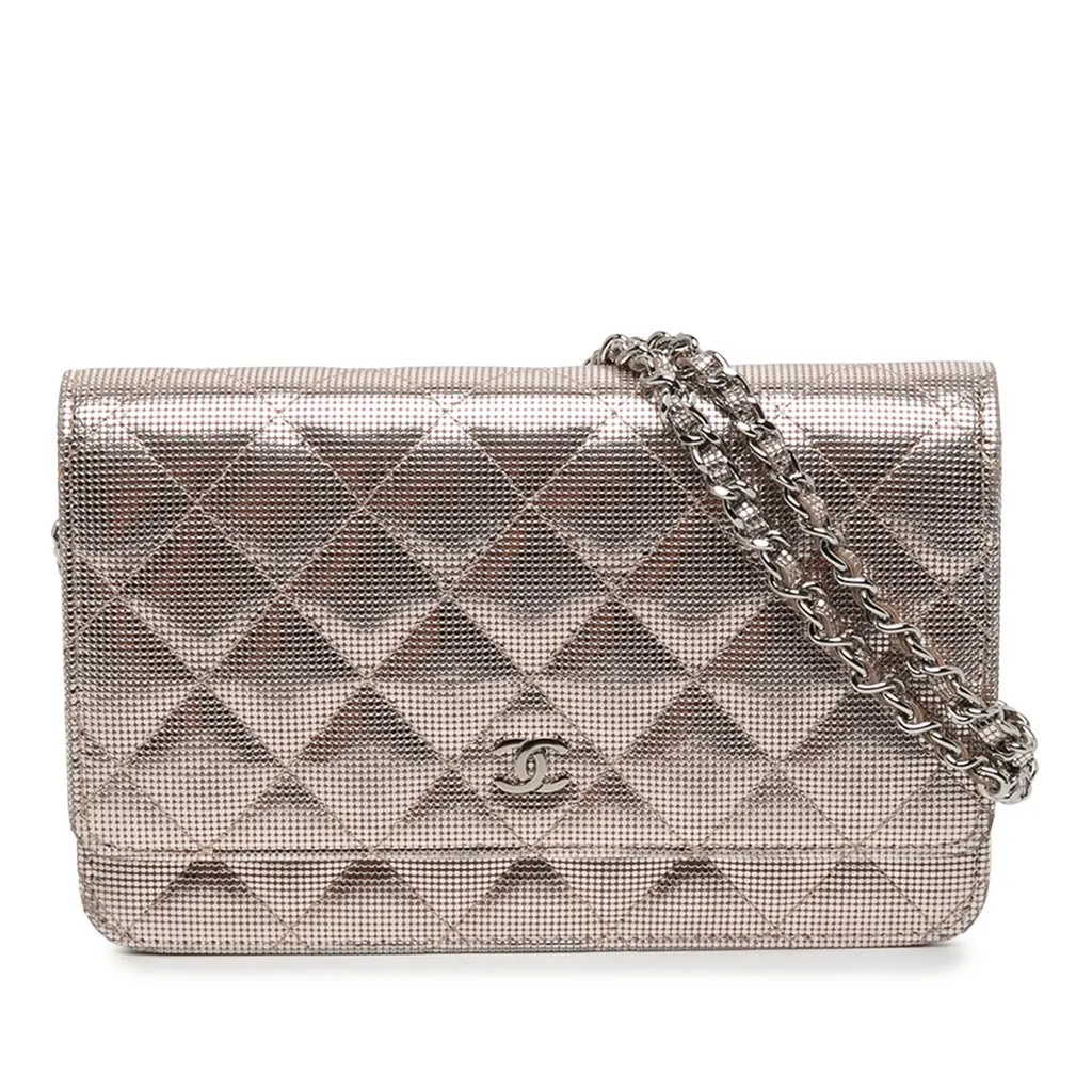 Chanel CC Quilted Metallic Calfskin Pixel Effect Wallet On Chain Pink Leather Very good - Front View