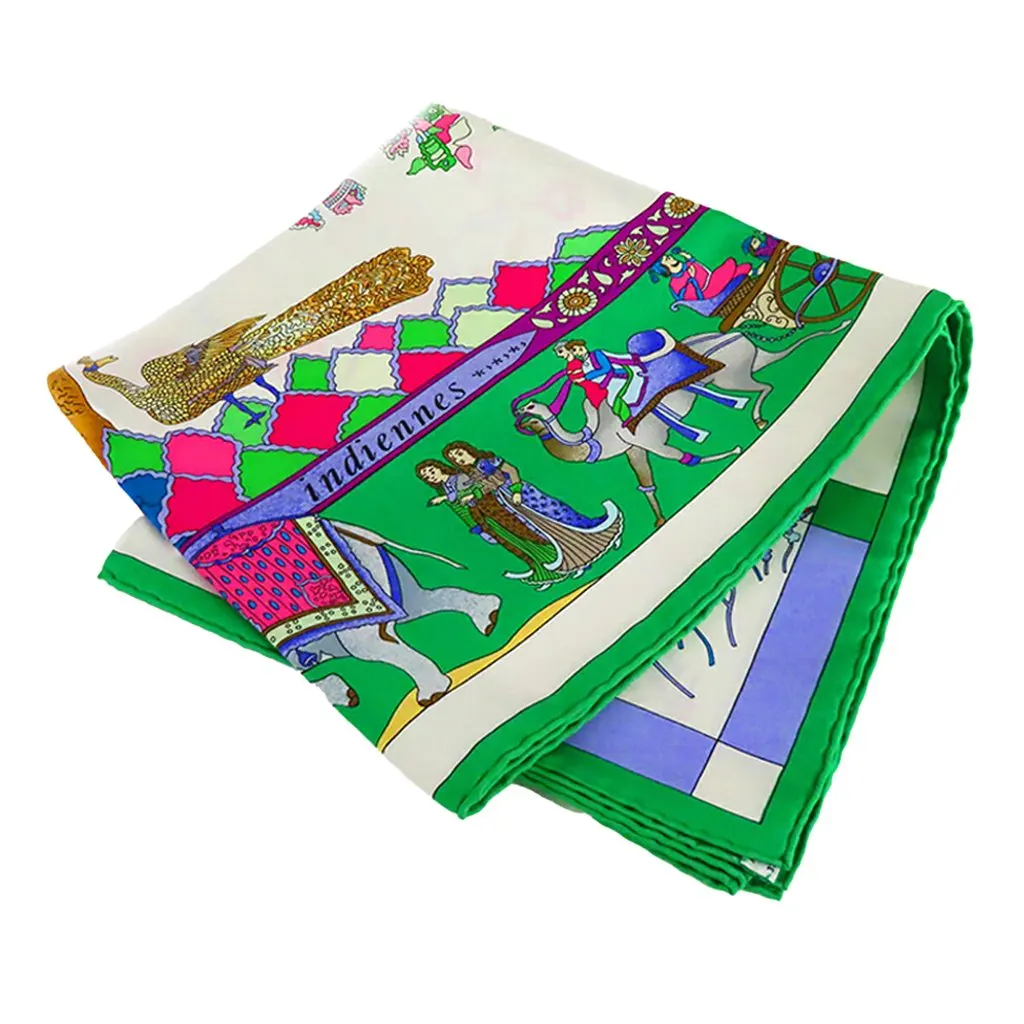 Hermès Fantaisies Indiennes Silk Scarf 90 Green Very good - Back View