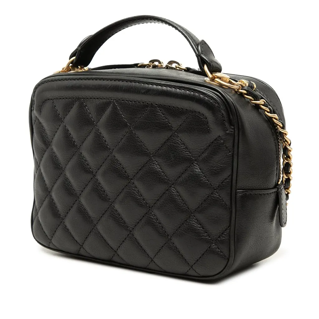 Chanel Small CC Quilted Lambskin Top Handle Vanity Case with Chain Black Leather Very good - Back View
