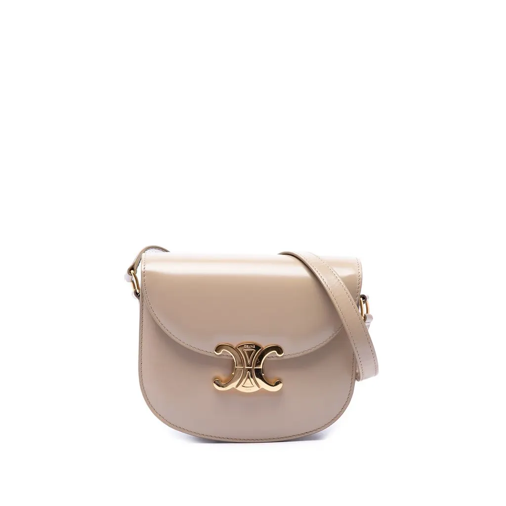 Celine Teen Shiny Calfskin Triomphe Besace Clea Crossbody Beige Leather Very good - Front View