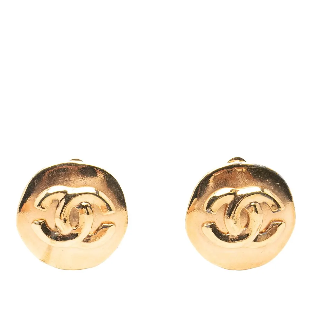 Chanel CC Gold Plated Round Clip On Earrings Gold Metal Very good - Front View