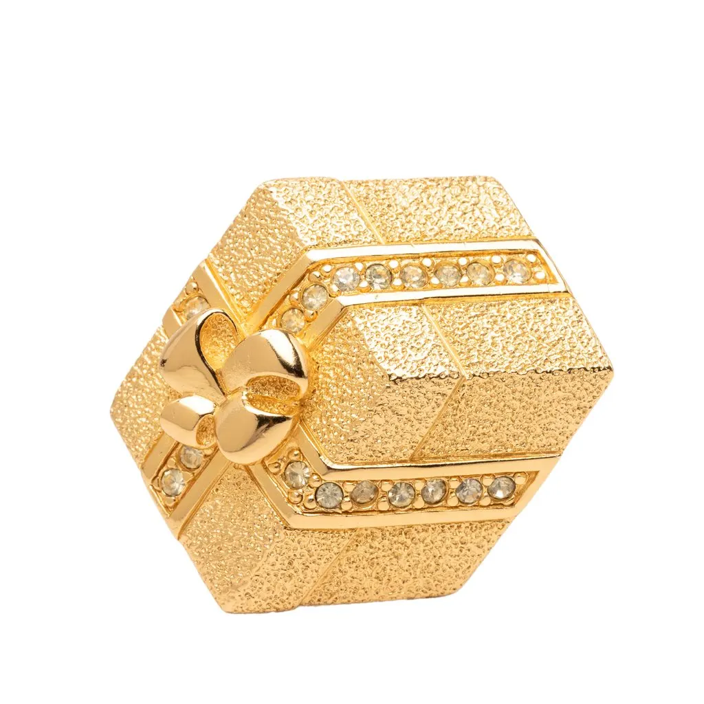 Dior Gold Plated Strass Hexagonal Gift Box Brooch Gold Metal Very good - Front View