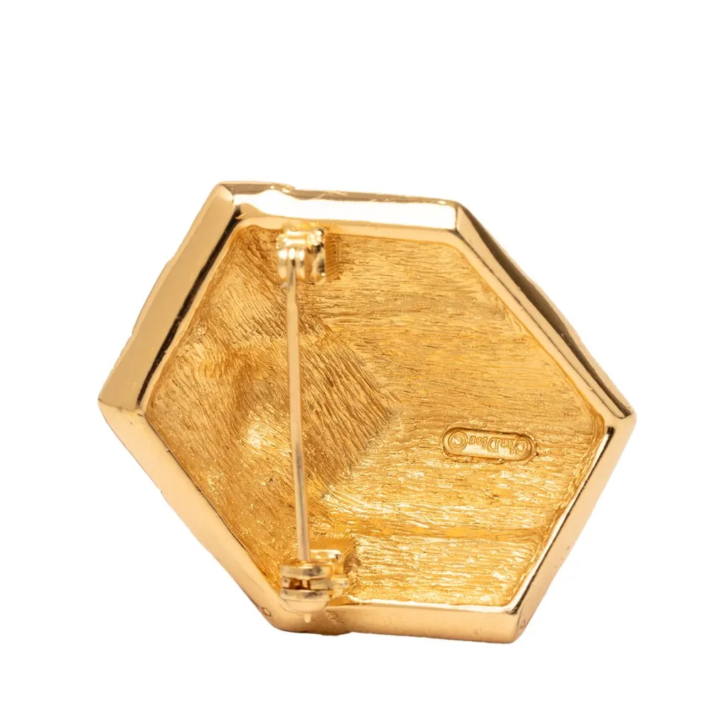 Dior Gold Plated Strass Hexagonal Gift Box Brooch Gold Metal Very good - Back View