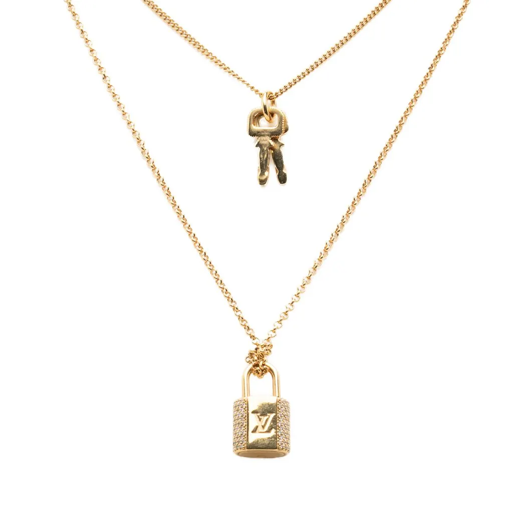 Louis Vuitton Gold Plated Strass Padlock and Key Pendant Necklace Gold Metal Good - Front View