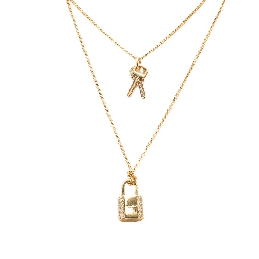 Louis Vuitton Gold Plated Strass Padlock and Key Pendant Necklace Gold Metal Good - Back View