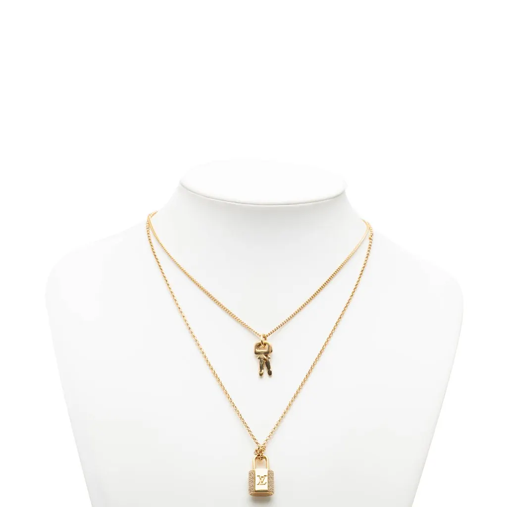 Louis Vuitton Gold Plated Strass Padlock and Key Pendant Necklace Gold Metal Good - Box View