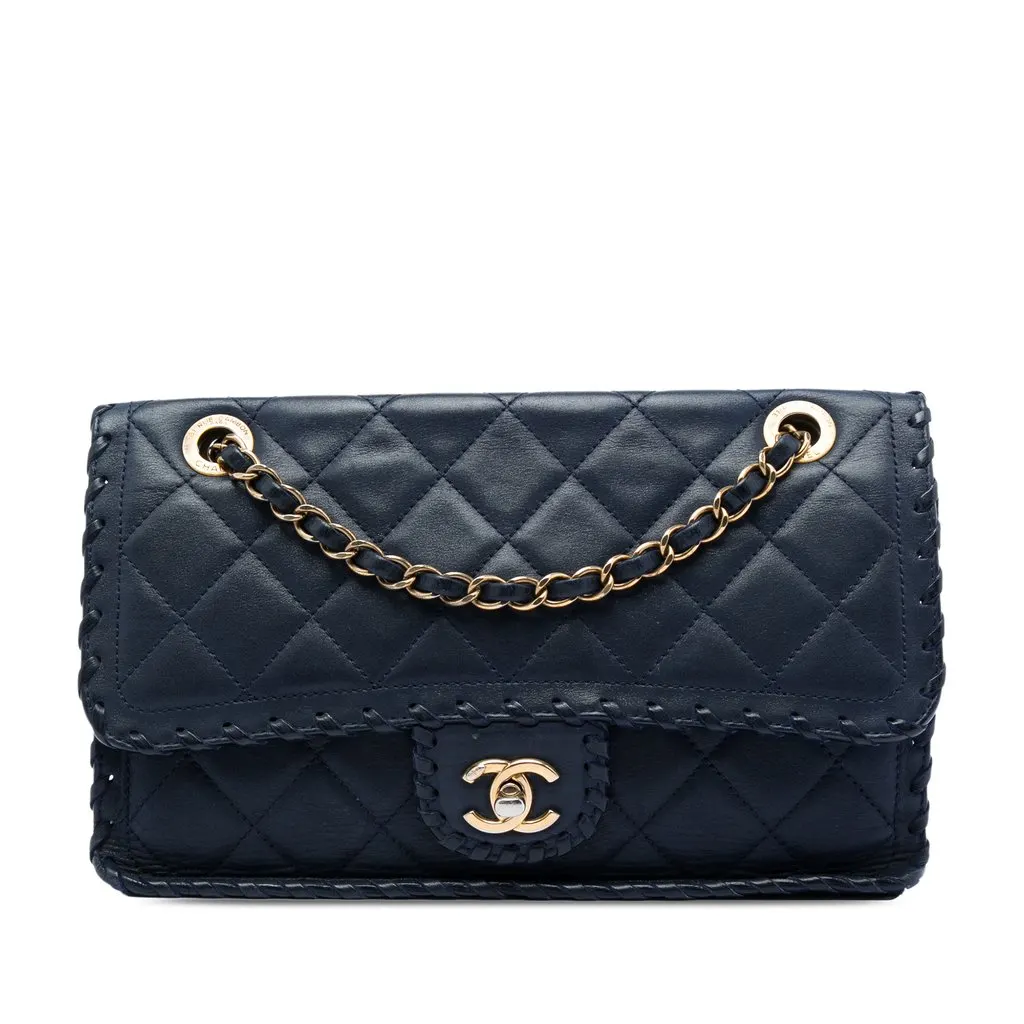 Chanel Medium Quilted Iridescent Calfskin Happy Stitch Flap Blue Leather Very good - Front View