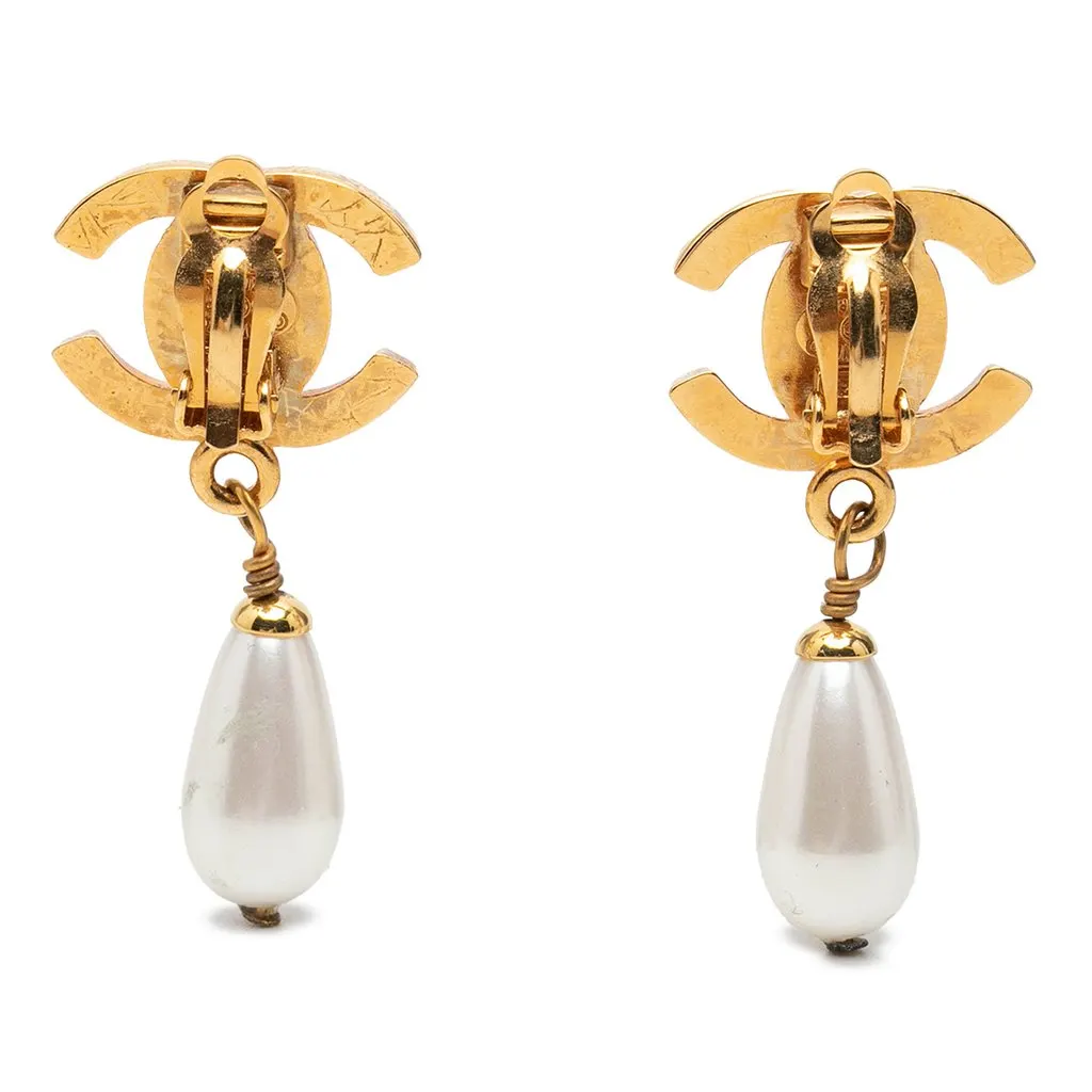 Chanel CC Gold Plated Faux Pearl Drop Turn Lock Clip On Earrings Gold Metal Very good - Back View