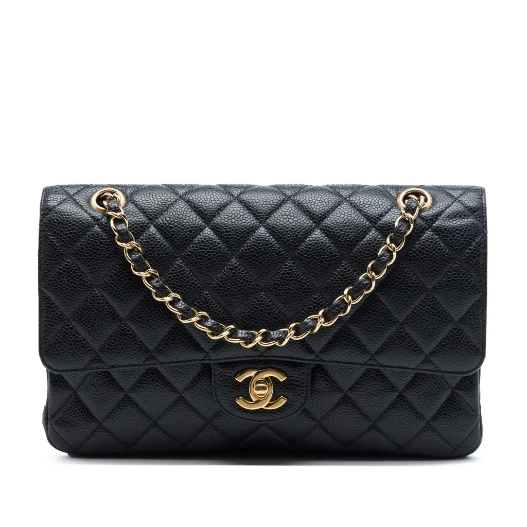 Chanel Medium Classic Caviar Double Flap Black Leather Very good - Front View
