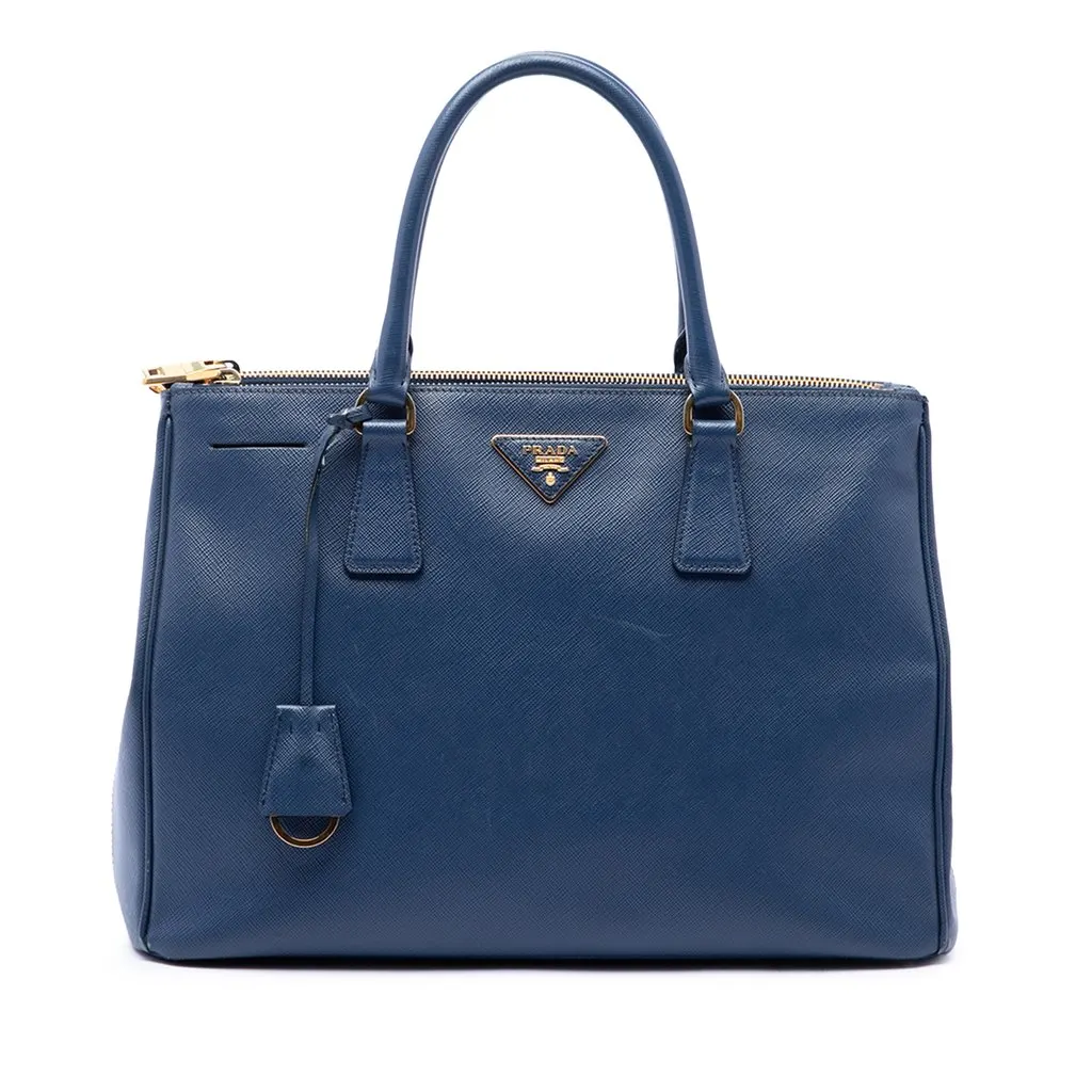 Prada Large Saffiano Lux Galleria Double Zip Tote Blue Leather Good - Front View
