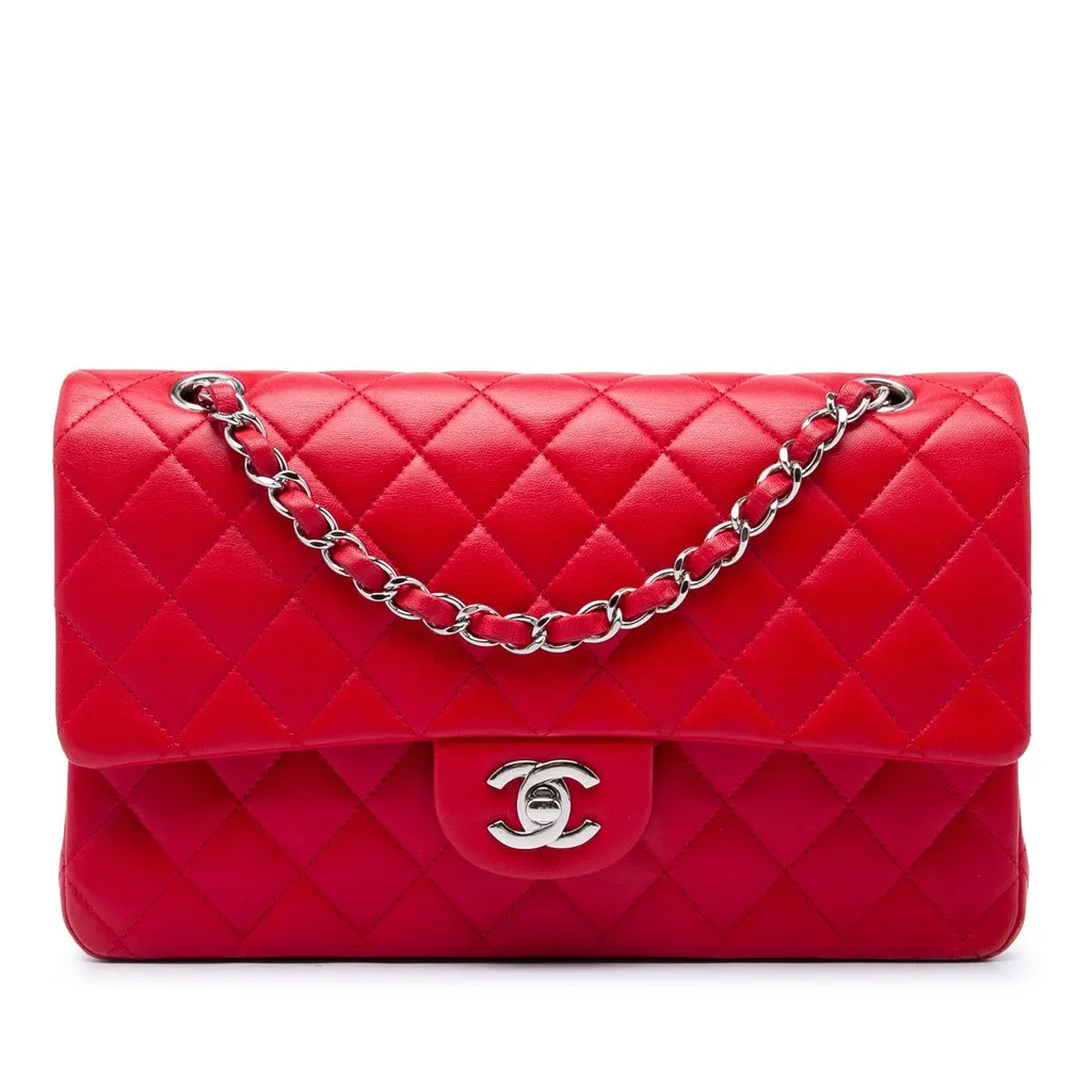 Chanel Medium Classic Lambskin Double Flap Red Leather Very good - Front View