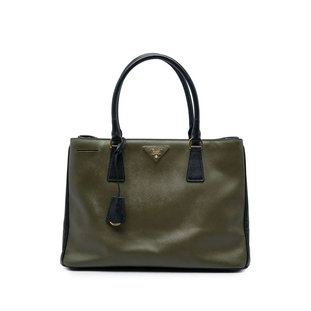 Prada Small Bicolor Saffiano Lux Gardeners Tote Green Leather Good - Front View