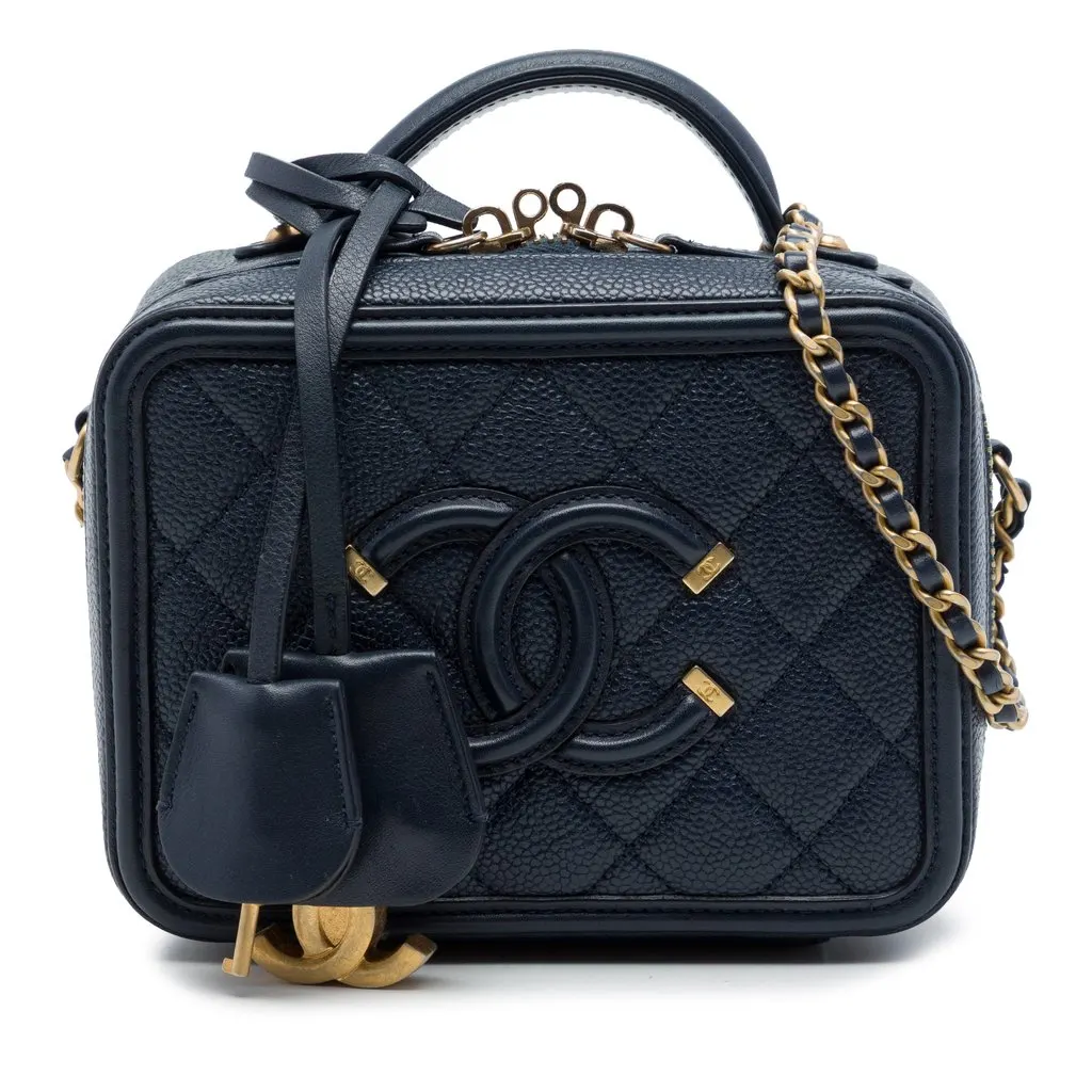 Chanel Small Caviar CC Filigree Vanity Case Blue Leather Good - Front View