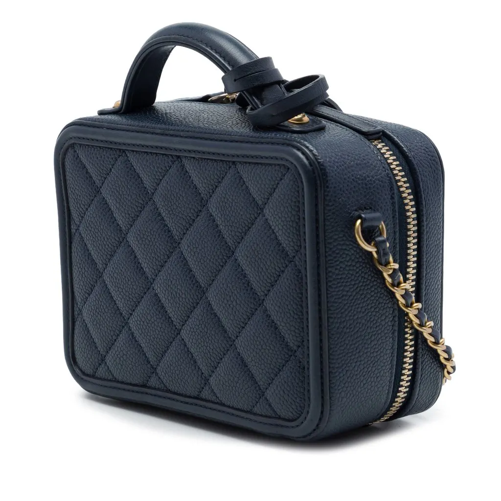 Chanel Small Caviar CC Filigree Vanity Case Blue Leather Good - Back View