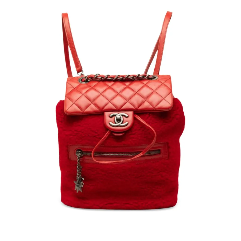 Chanel Small Shearling and Glazed Calfskin Mountain Backpack Red Shearling Good - Front View
